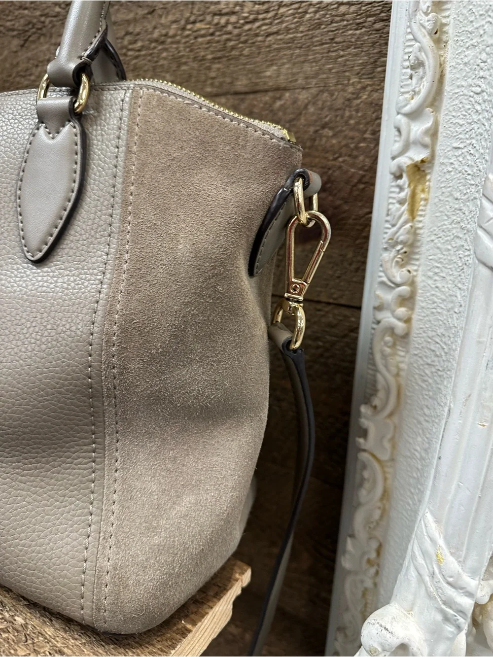 Michael Kors Taupe Pebbled Leather & Suede Satchel Crossbody Bag
